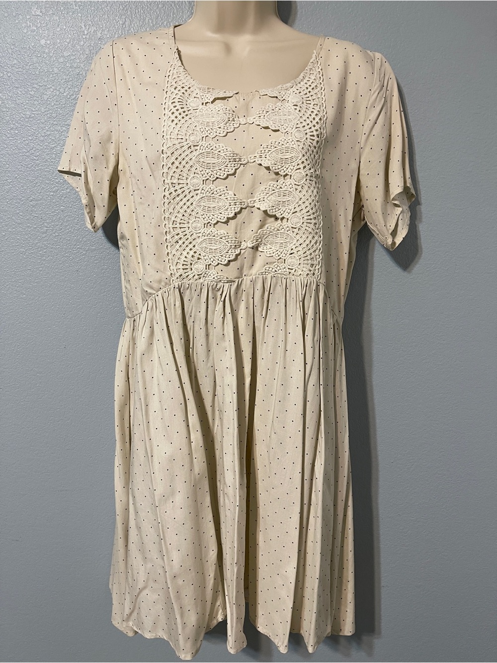 Mia Joy Cream Polka Dot Babydoll Dress Crochet Lace Bib Cottagecore Medium